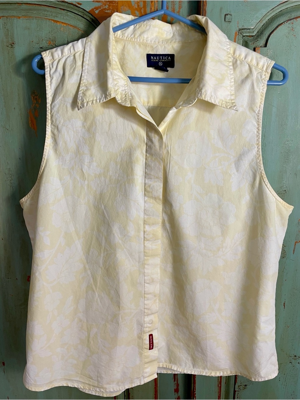 NAUTICA Pale Yellow Floral Poplin Cotton Sleeveless Button-Down Shirt, Size XL